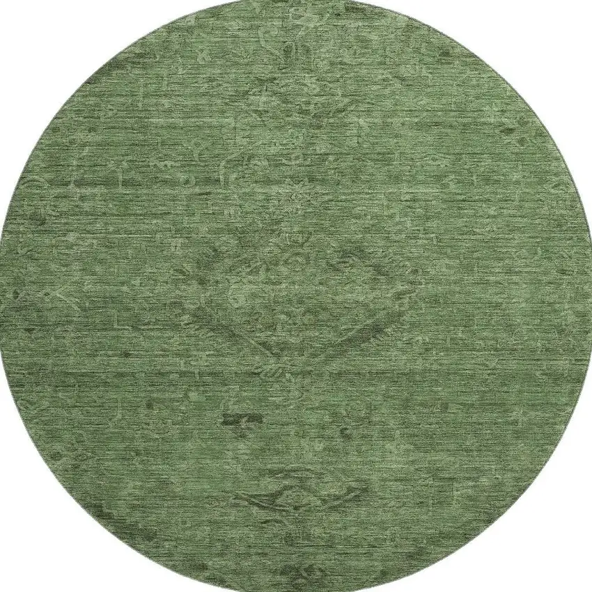 8' Fern Green And Emerald Medallion Washable Round Rug With UV Protection Photo 2