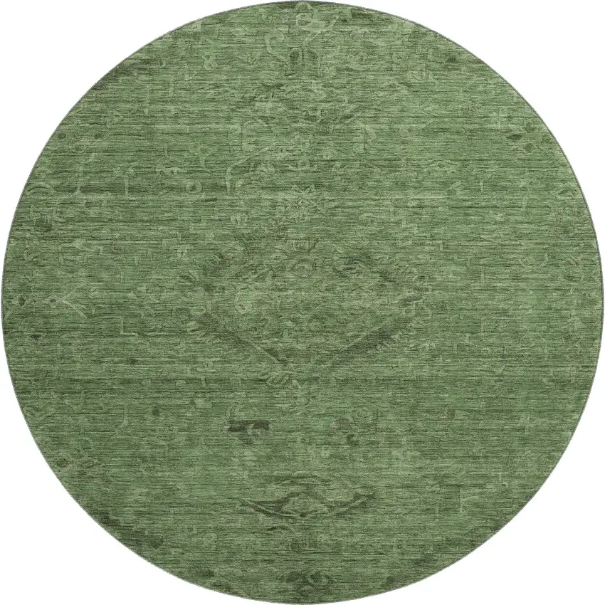 8' Fern Green And Emerald Medallion Washable Round Rug With UV Protection Photo 1