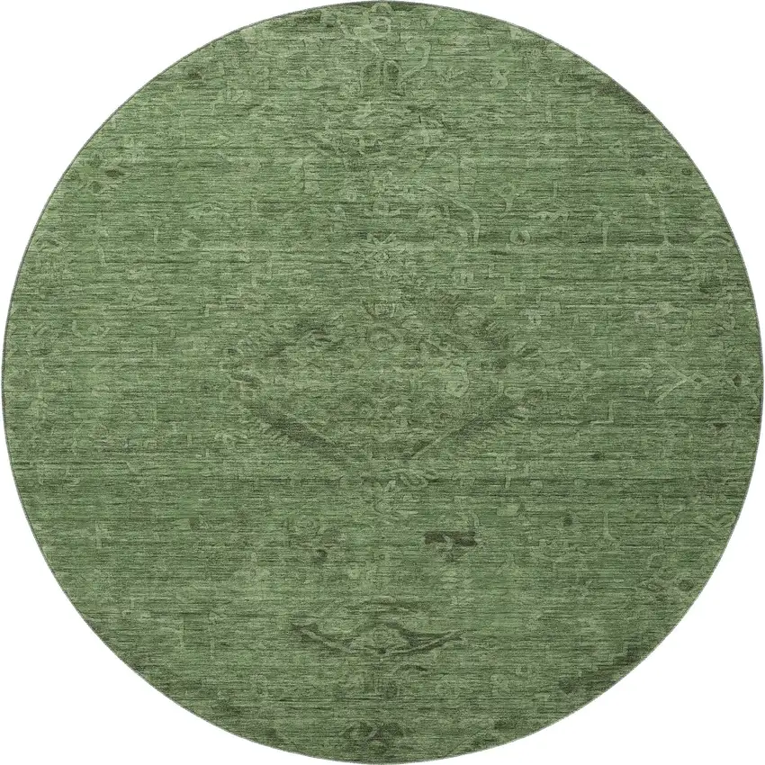8' Fern Green And Emerald Medallion Washable Round Rug With UV Protection Photo 3