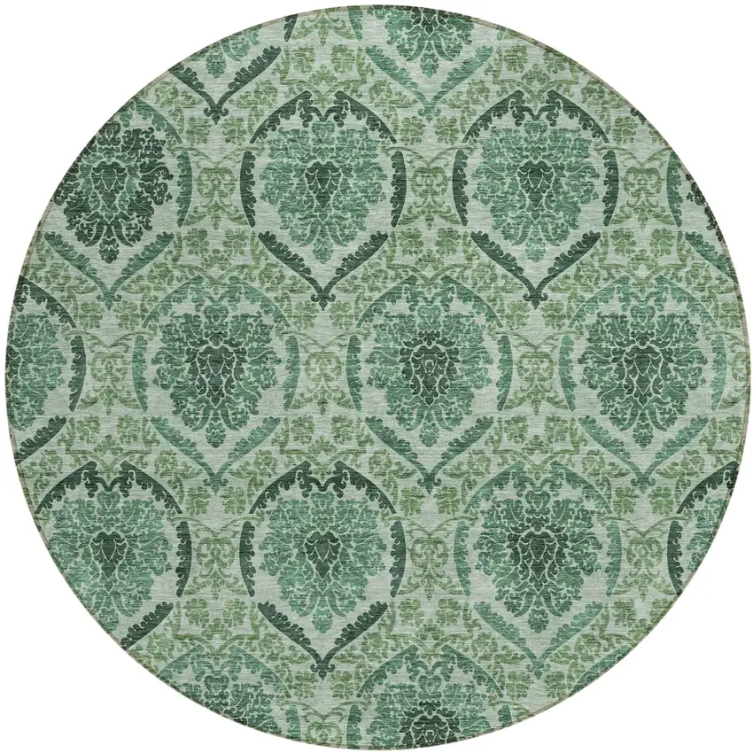 8' Fern Green And Emerald Round Medallion Washable Indoor Outdoor Area Rug Photo 2