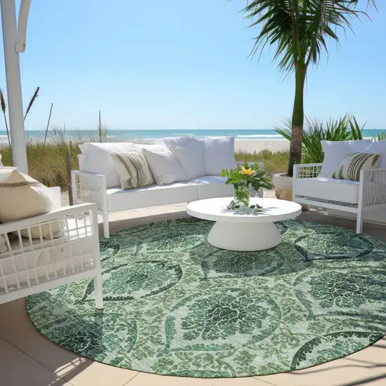 8' Fern Green And Emerald Round Medallion Washable Indoor Outdoor Area Rug Photo 6
