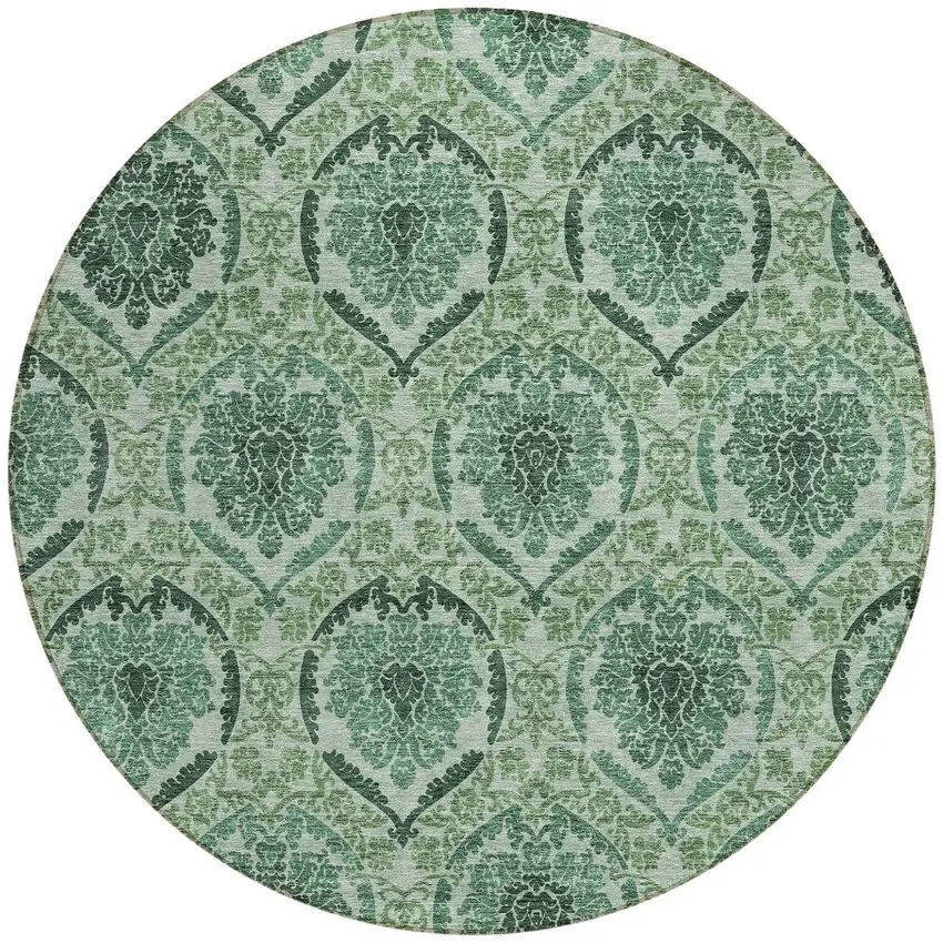 8' Fern Green And Emerald Round Medallion Washable Indoor Outdoor Area Rug Photo 5