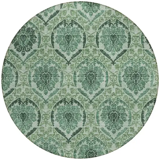 8' Fern Green And Emerald Round Medallion Washable Indoor Outdoor Area Rug Photo 5