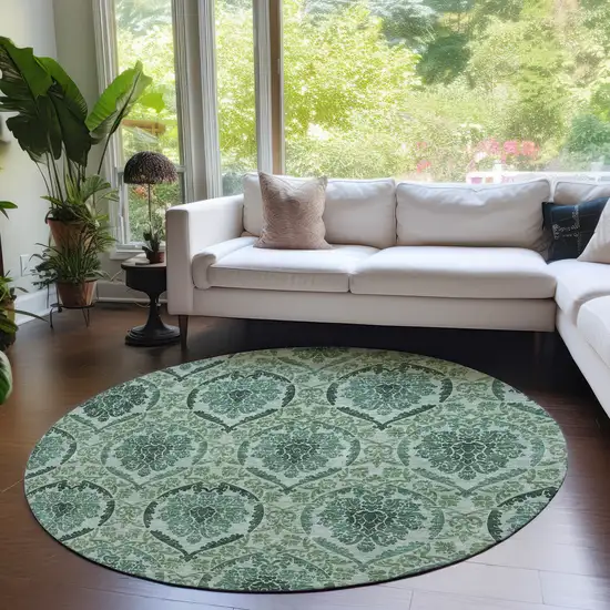 8' Fern Green And Emerald Round Medallion Washable Indoor Outdoor Area Rug Photo 7