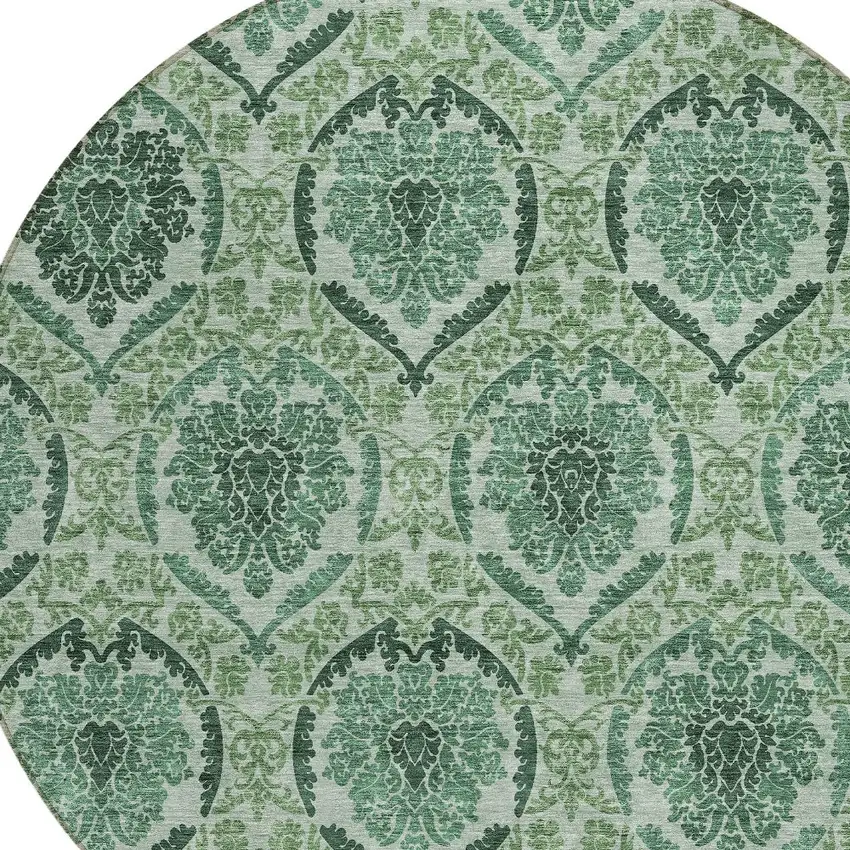 8' Fern Green And Emerald Round Medallion Washable Indoor Outdoor Area Rug Photo 4