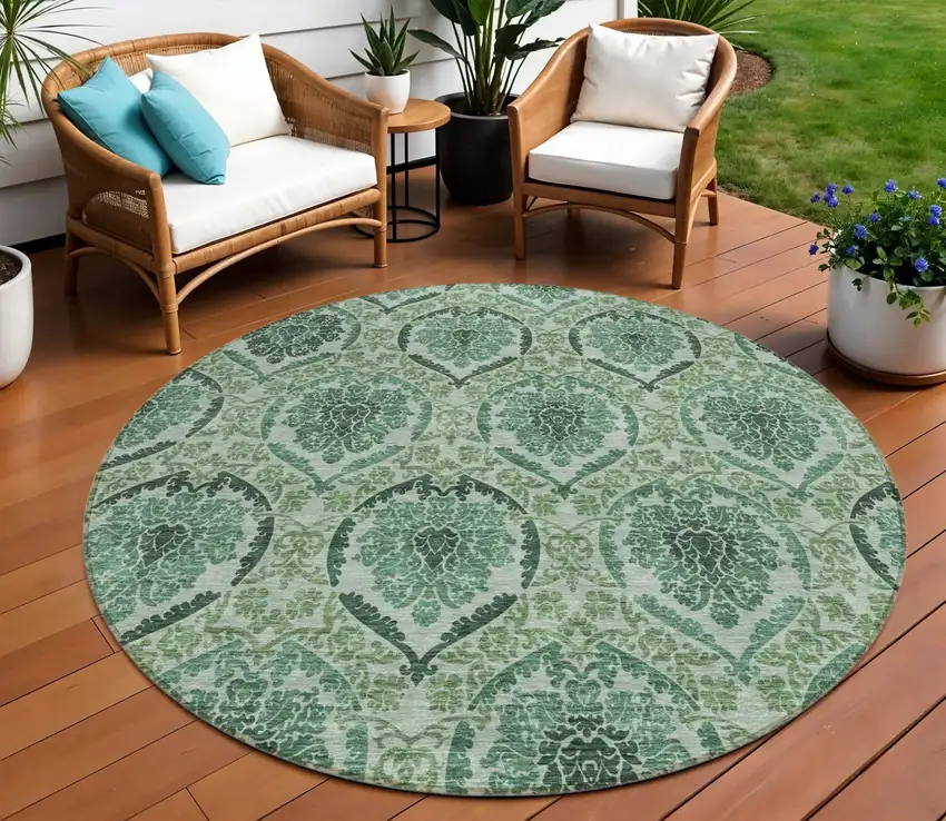 8' Fern Green And Emerald Round Medallion Washable Indoor Outdoor Area Rug Photo 1