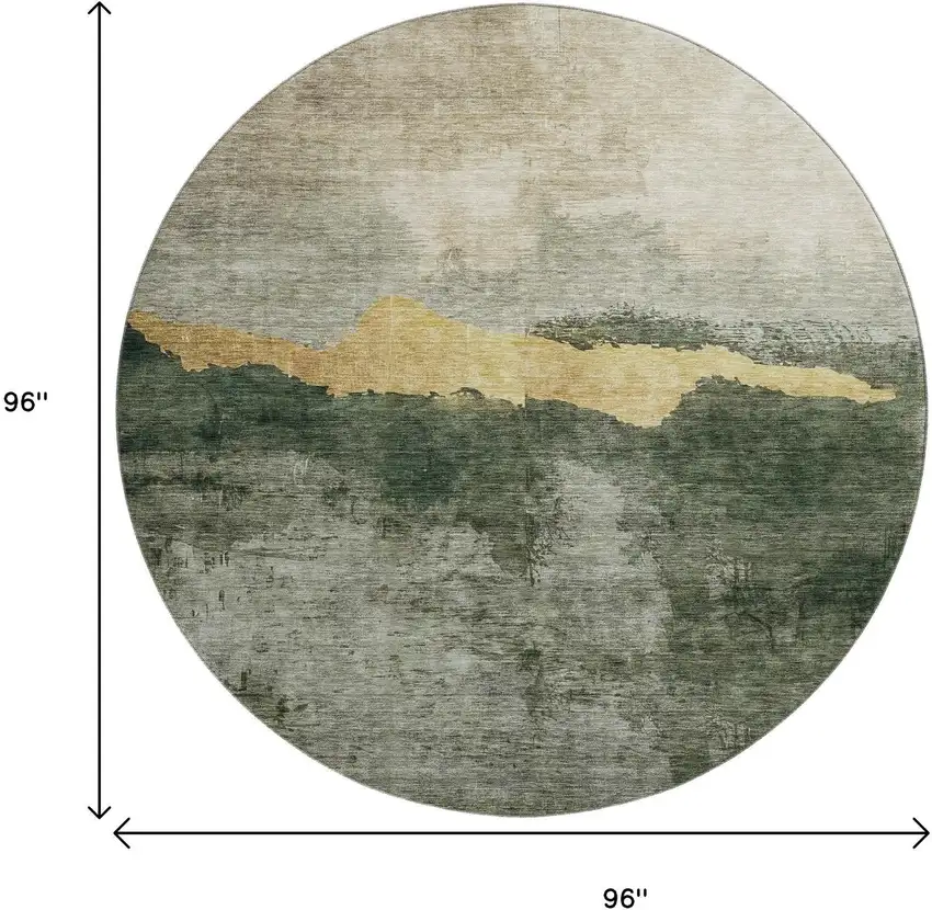 8' Fern Green And Gold Abstract Washable Round Rug With UV Protection Photo 9