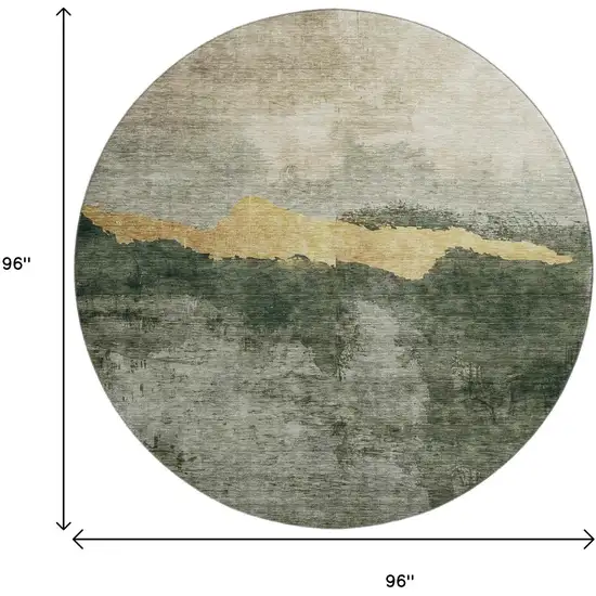 8' Fern Green And Gold Abstract Washable Round Rug With UV Protection Photo 9