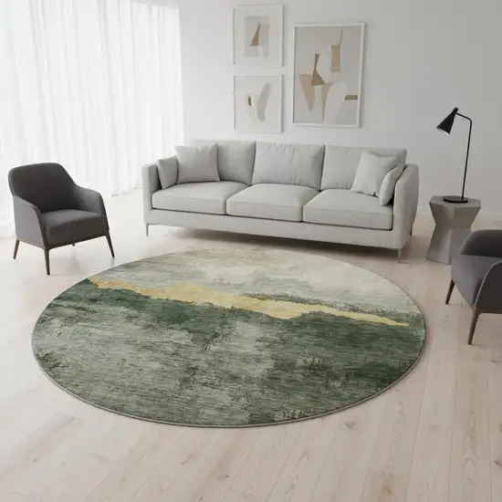 8' Fern Green And Gold Abstract Washable Round Rug With UV Protection Photo 2