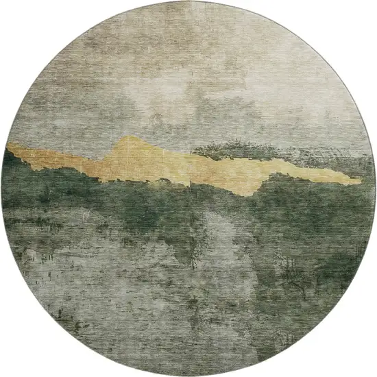 8' Fern Green And Gold Abstract Washable Round Rug With UV Protection Photo 1