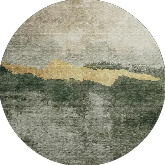 8' Fern Green And Gold Abstract Washable Round Rug With UV Protection Photo 2