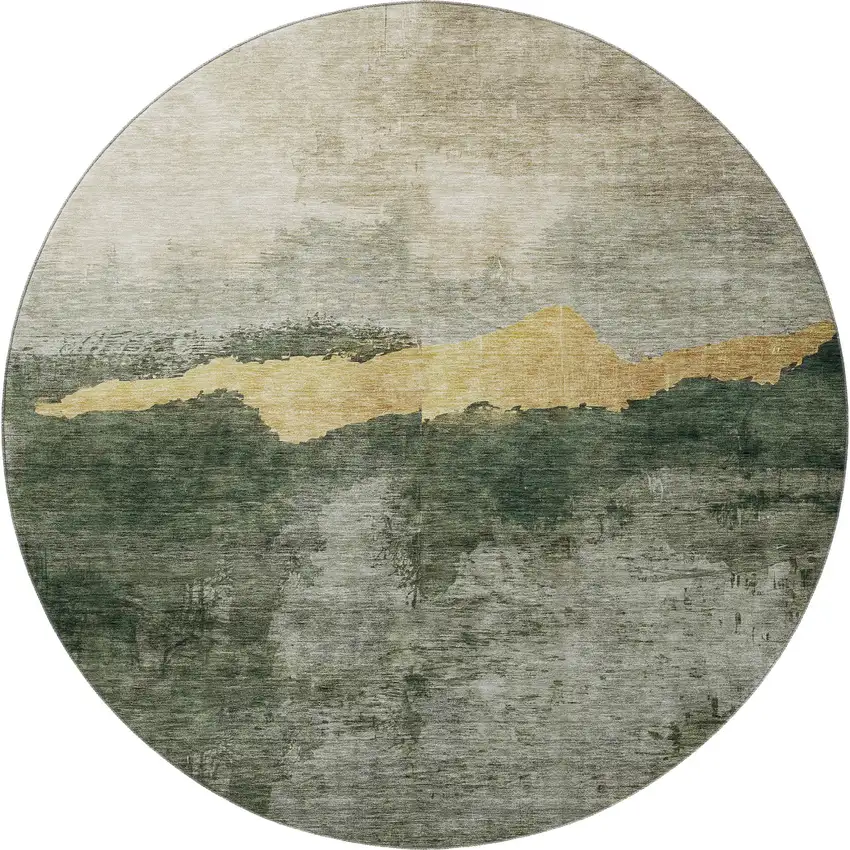 8' Fern Green And Gold Abstract Washable Round Rug With UV Protection Photo 3