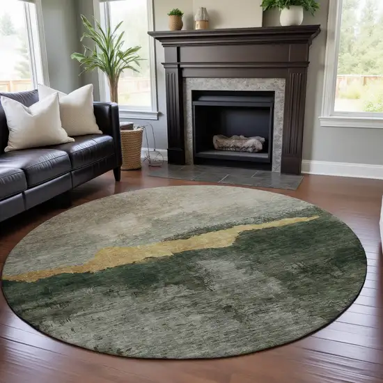 8' Fern Green And Gold Abstract Washable Round Rug With UV Protection Photo 4