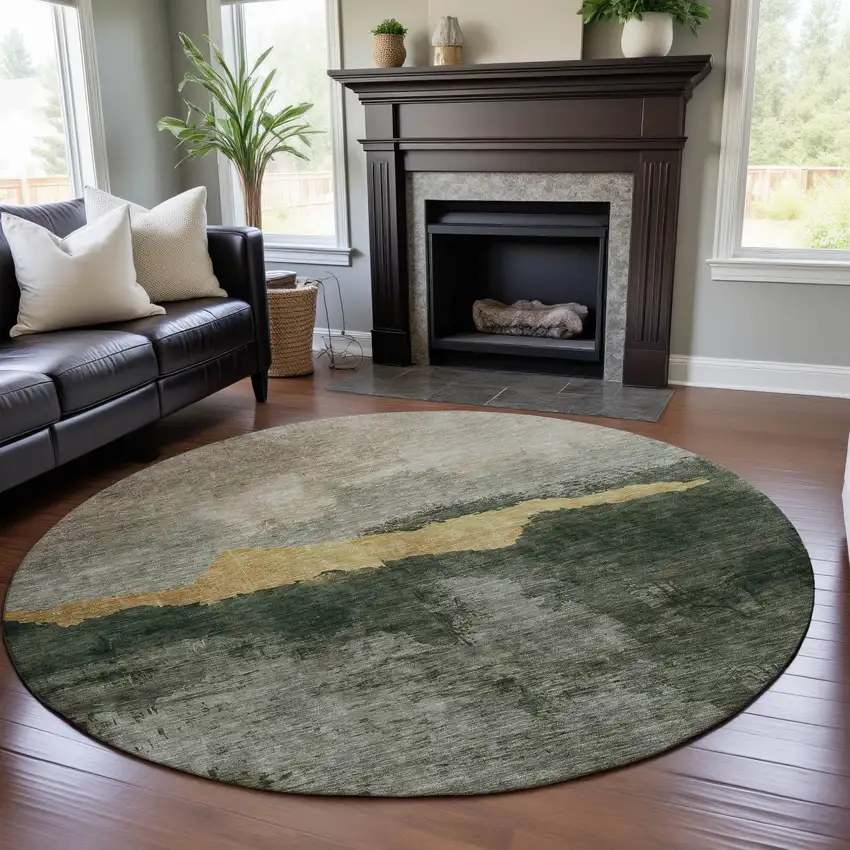 8' Fern Green And Gold Abstract Washable Round Rug With UV Protection Photo 4