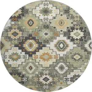 Photo of 8' Fern Green And Gold Geometric Washable Round Rug With UV Protection