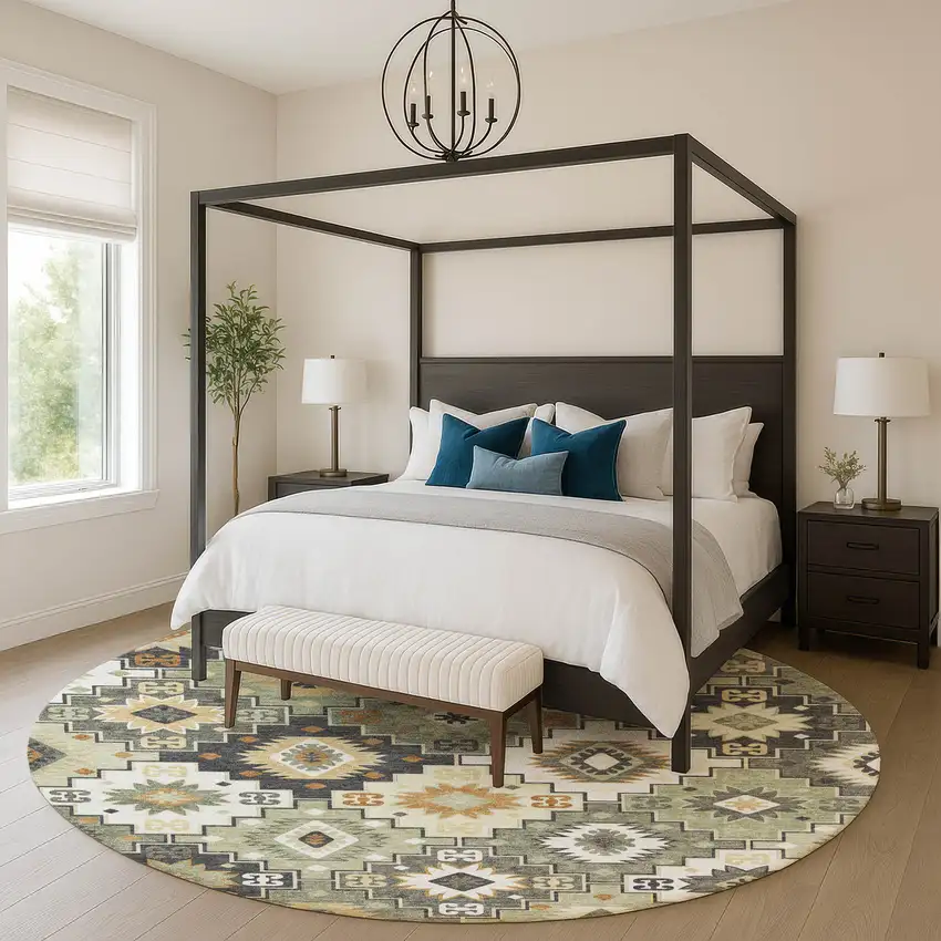 8' Fern Green And Gold Geometric Washable Round Rug With UV Protection Photo 5