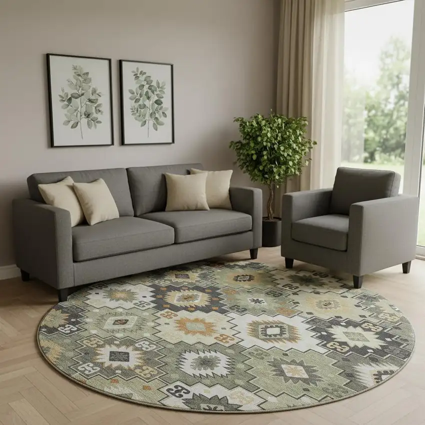 8' Fern Green And Gold Geometric Washable Round Rug With UV Protection Photo 2