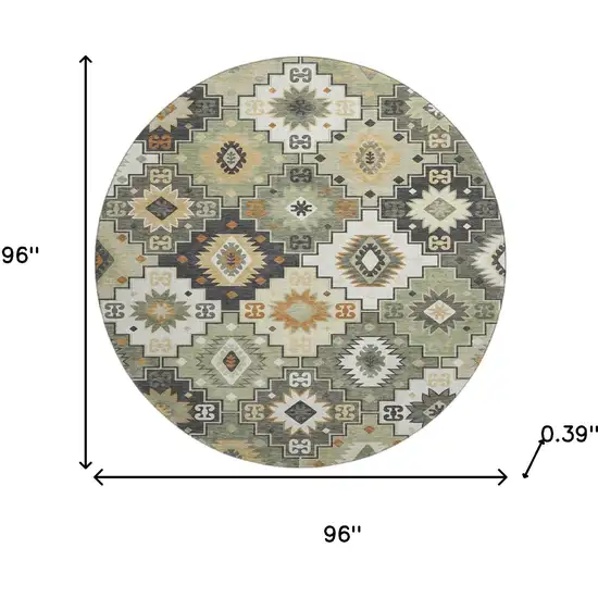 8' Fern Green And Gold Geometric Washable Round Rug With UV Protection Photo 8