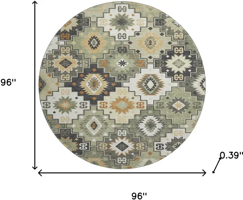 8' Fern Green And Gold Geometric Washable Round Rug With UV Protection Photo 8