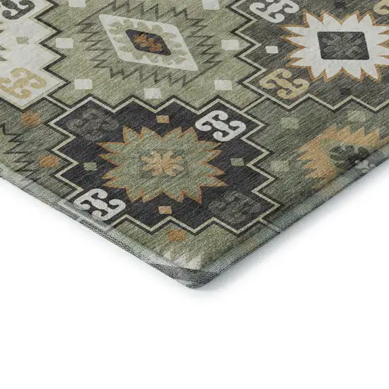 8' Fern Green And Gold Geometric Washable Round Rug With UV Protection Photo 6