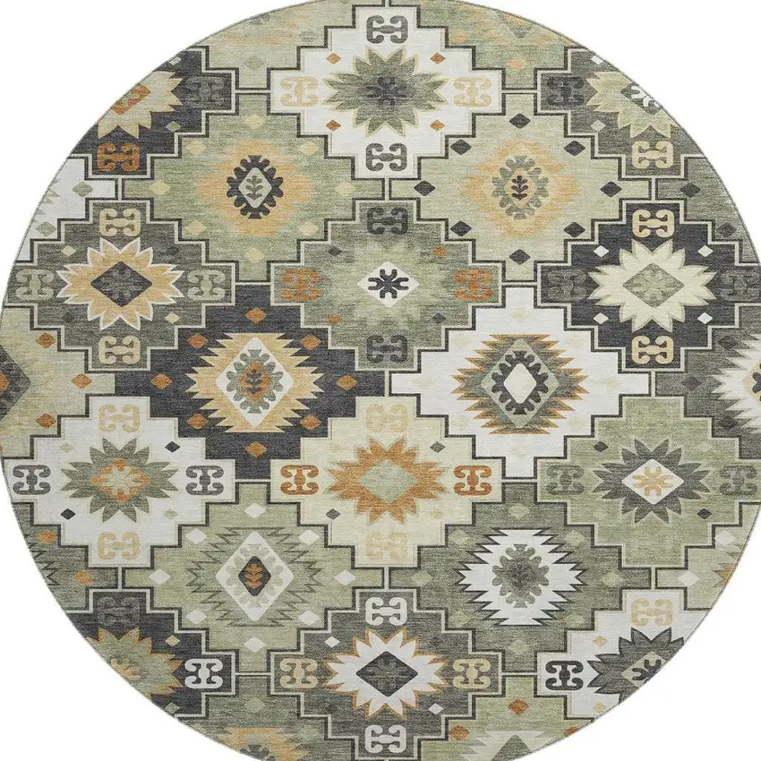 8' Fern Green And Gold Geometric Washable Round Rug With UV Protection Photo 4