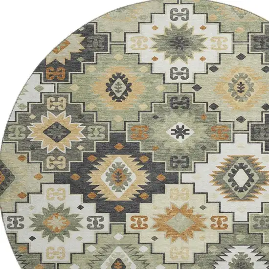 8' Fern Green And Gold Geometric Washable Round Rug With UV Protection Photo 3