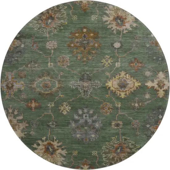 8' Fern Green And Gold Oriental Washable Round Rug With UV Protection Photo 1