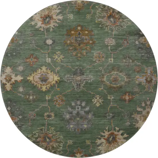 8' Fern Green And Gold Oriental Washable Round Rug With UV Protection Photo 4