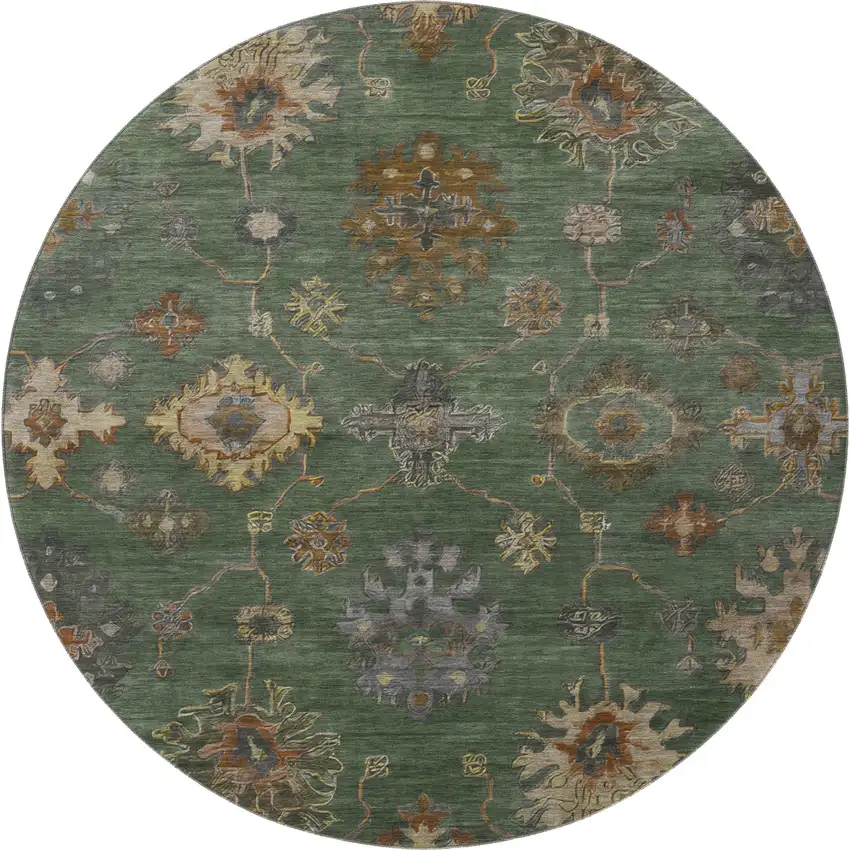 8' Fern Green And Gold Oriental Washable Round Rug With UV Protection Photo 4