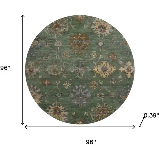 8' Fern Green And Gold Oriental Washable Round Rug With UV Protection Photo 8
