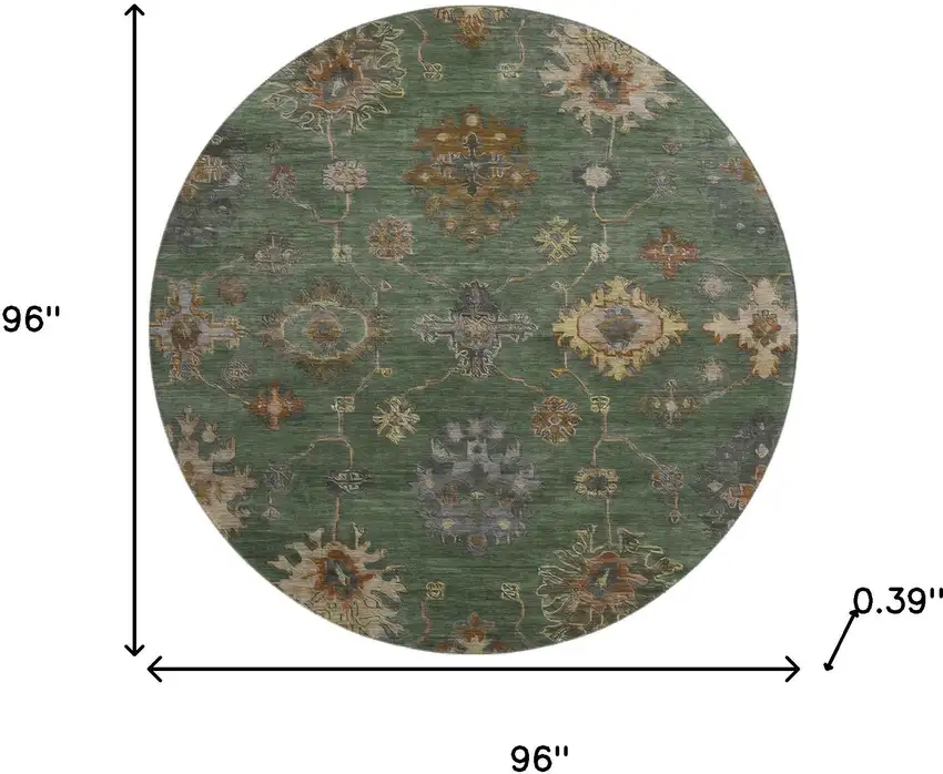 8' Fern Green And Gold Oriental Washable Round Rug With UV Protection Photo 8