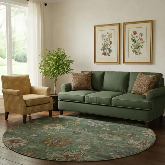 8' Fern Green And Gold Oriental Washable Round Rug With UV Protection Photo 2