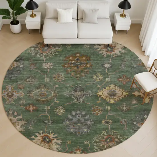 8' Fern Green And Gold Oriental Washable Round Rug With UV Protection Photo 5