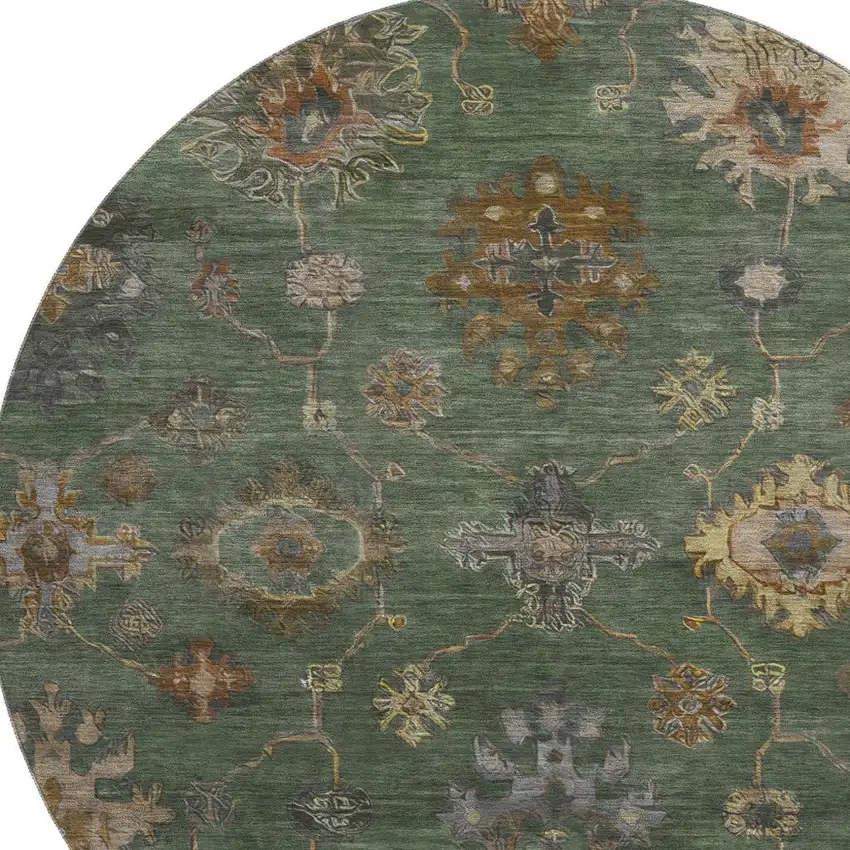 8' Fern Green And Gold Oriental Washable Round Rug With UV Protection Photo 3