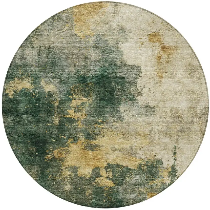 8' Fern Green And Gold Round Abstract Washable Indoor Outdoor Area Rug Photo 6