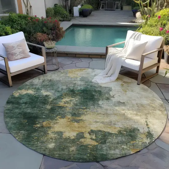 8' Fern Green And Gold Round Abstract Washable Indoor Outdoor Area Rug Photo 7