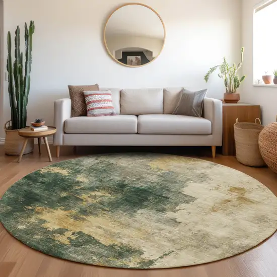 8' Fern Green And Gold Round Abstract Washable Indoor Outdoor Area Rug Photo 8