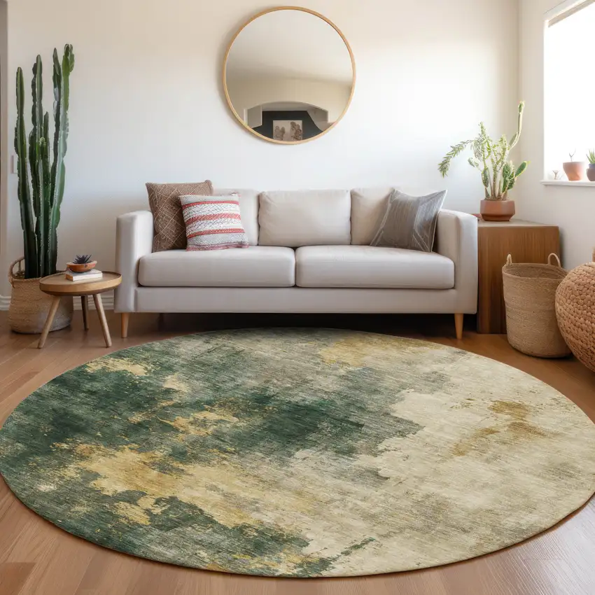 8' Fern Green And Gold Round Abstract Washable Indoor Outdoor Area Rug Photo 8