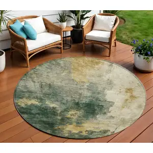 Photo of 8' Fern Green And Gold Round Abstract Washable Indoor Outdoor Area Rug