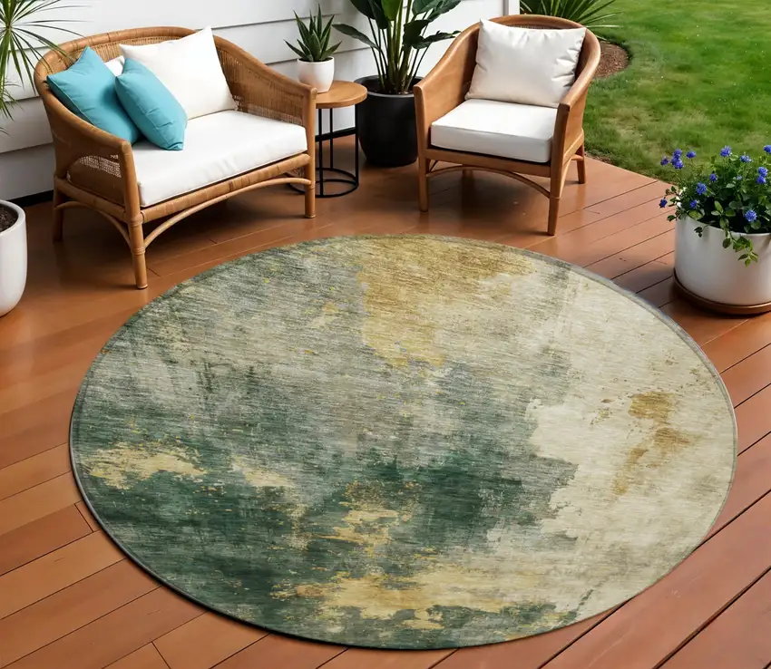 8' Fern Green And Gold Round Abstract Washable Indoor Outdoor Area Rug Photo 1