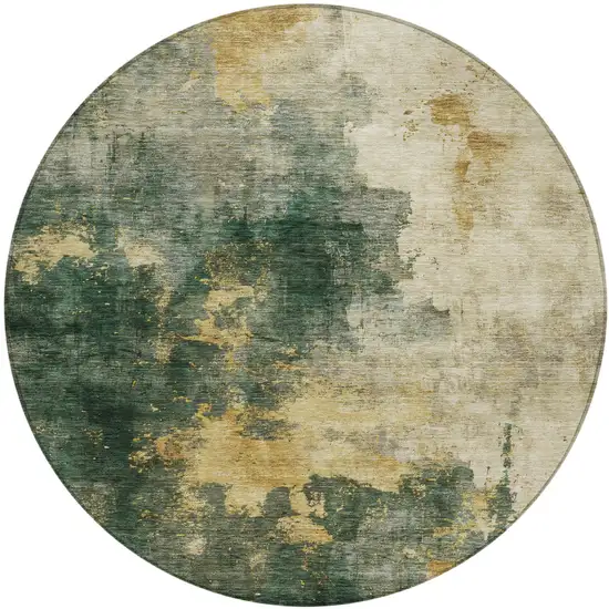 8' Fern Green And Gold Round Abstract Washable Indoor Outdoor Area Rug Photo 2