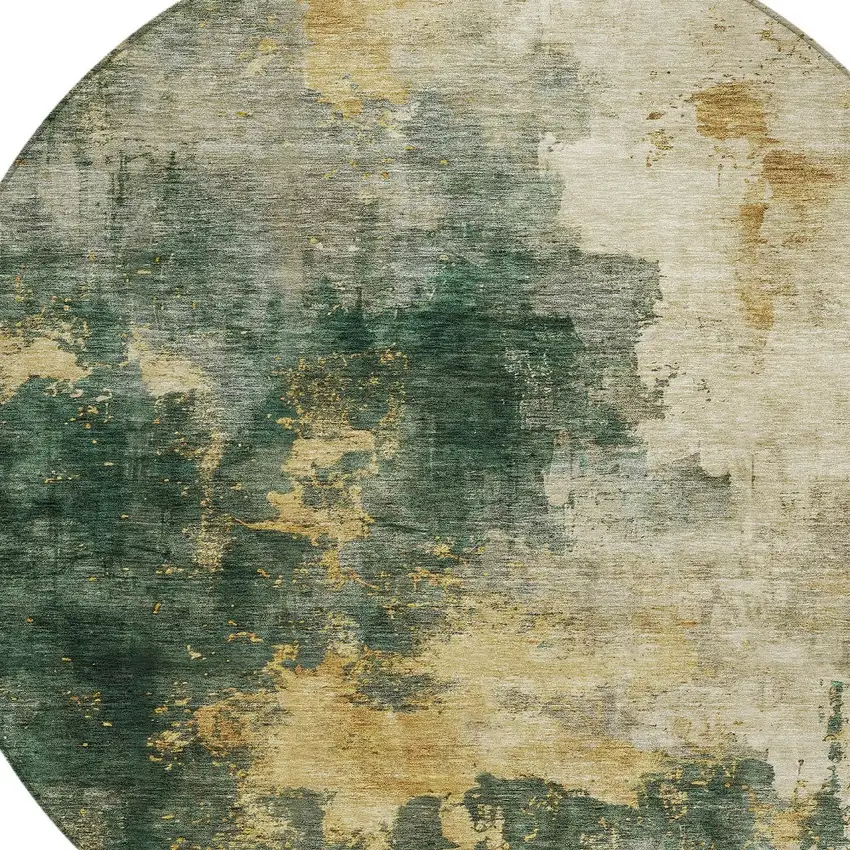 8' Fern Green And Gold Round Abstract Washable Indoor Outdoor Area Rug Photo 5