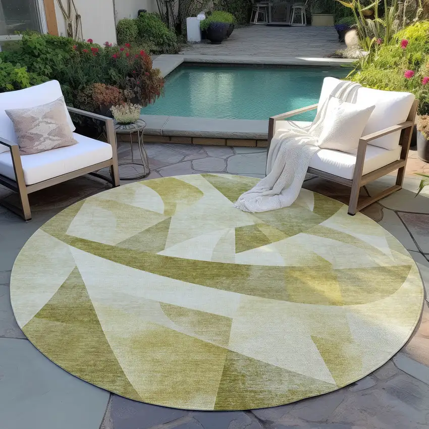 8' Fern Green And Gold Round Abstract Washable Indoor Outdoor Area Rug Photo 6