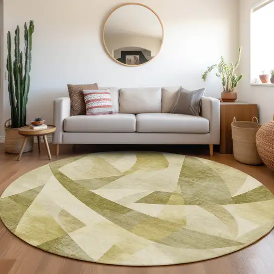 8' Fern Green And Gold Round Abstract Washable Indoor Outdoor Area Rug Photo 7