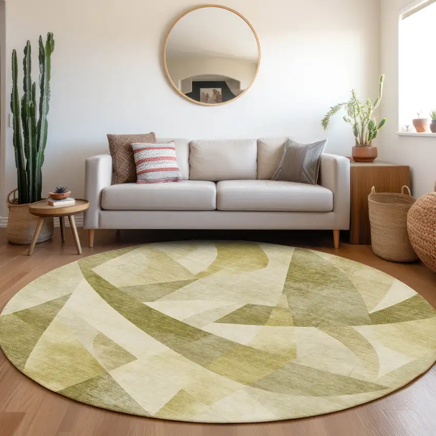 8' Fern Green And Gold Round Abstract Washable Indoor Outdoor Area Rug Photo 7