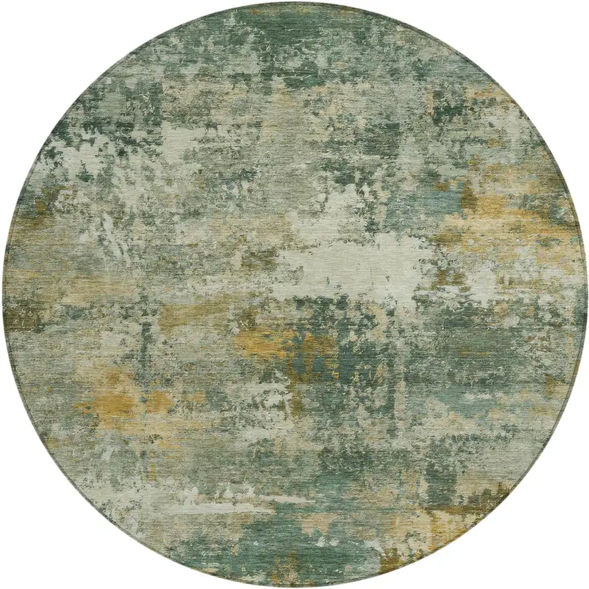 8' Fern Green And Gold Round Abstract Washable Indoor Outdoor Area Rug Photo 1