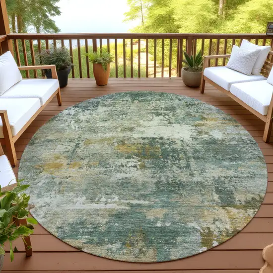 8' Fern Green And Gold Round Abstract Washable Indoor Outdoor Area Rug Photo 4