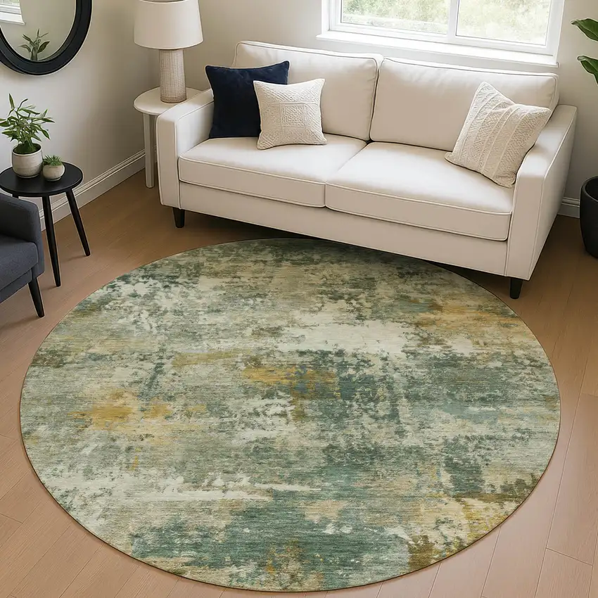 8' Fern Green And Gold Round Abstract Washable Indoor Outdoor Area Rug Photo 5