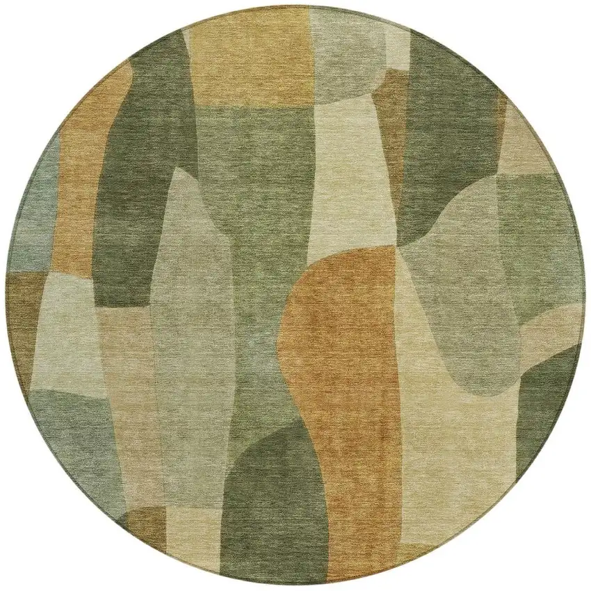 8' Fern Green And Gold Round Abstract Washable Indoor Outdoor Area Rug Photo 3