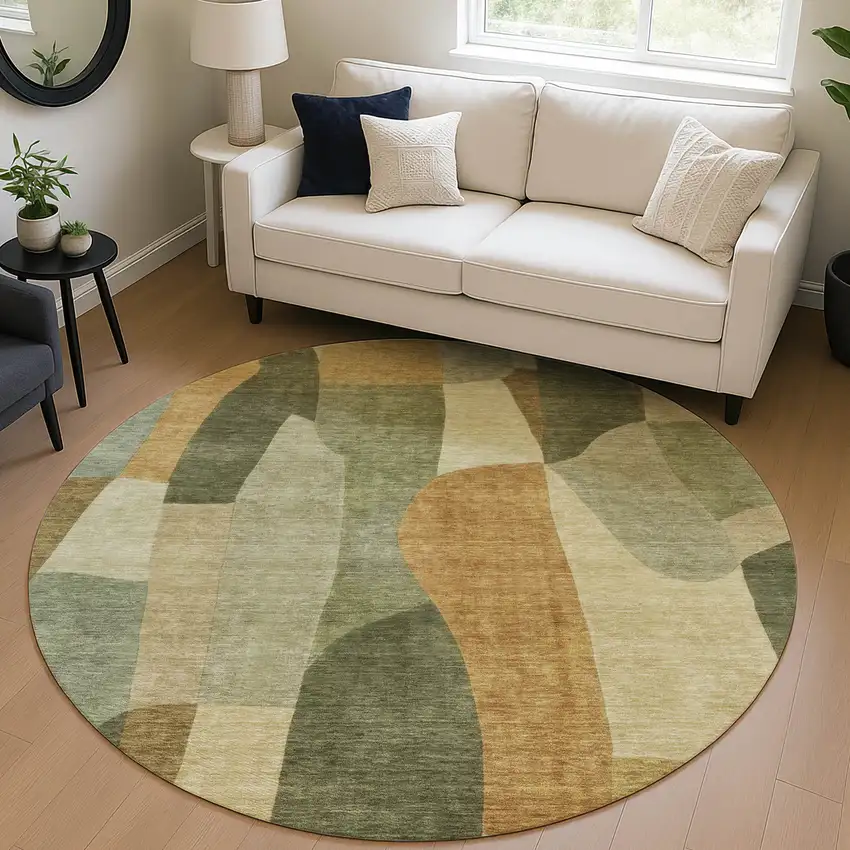 8' Fern Green And Gold Round Abstract Washable Indoor Outdoor Area Rug Photo 5
